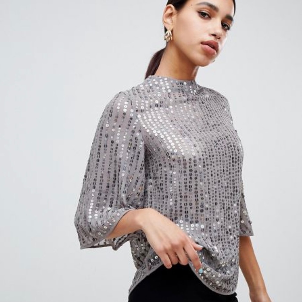 River Island Gray Sequin Bell Sleeve Blouse XS